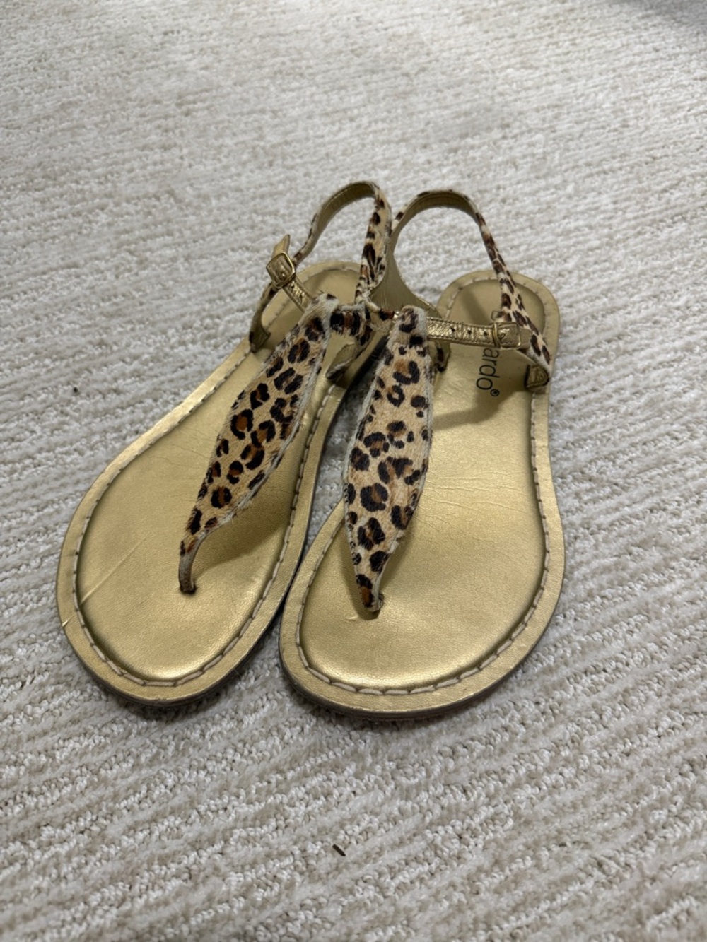 Bernardo Gold Leopard Print Thong Sandals